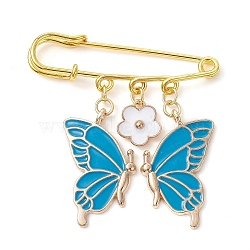Butterfly & Flower Charm Alloy Enamel Brooches for Women, Iron Safety Pin Brooch, Kilt Pins, Deep Sky Blue, 50mm(JEWB-BR00144-04)
