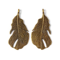 Tibetan Style Alloy Pendants, Feather, Antique Bronze, Lead Free and Cadmium Free, 49x24x2mm, Hole: 3.5mm(X-EA11874Y-AB)