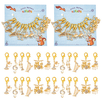 Music Theme Stitch Markers, Alloy Rhinestone Crochet Lobster Clasp Charms, Locking Stitch Marker with Wine Glass Charm Ring, Musical Note/Trumpet/Drum, Light Gold, 3.5~4.5cm, 6 style, 2pcs/style, 12pcs/set