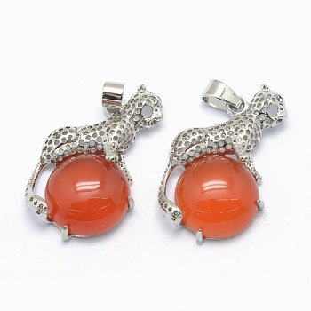 Natural Carnelian Pendants, with Alloy Findings, Leopard, Dyed, Platinum, 33.5x20x7mm, Hole: 4x6mm