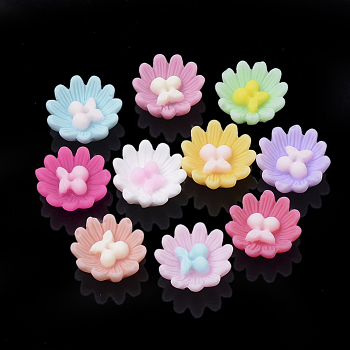 Opaque Resin Cabochons, Flower with Cherry, Mixed Color, 14x14x6mm