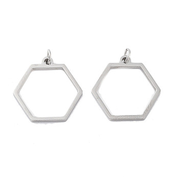 304 Stainless Steel Pendants, Laser Cut, with Jump Ring, Stainless Steel Color, Hexagon, 17x16.5x1mm, Hole: 2mm