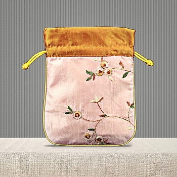 Chinese Style Brocade Drawstring Gift Blessing Bags, Jewelry Storage Pouches for Wedding Party Candy Packaging, Rectangle, Misty Rose, 15x12cm