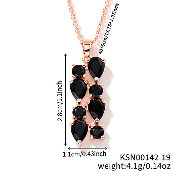 Brass Cubic Zirconia Long Tassel Pendant Necklaces for Fashionable Statement Style, Rose Gold, Black, 15.75 inch(40cm)