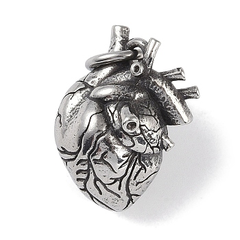 Viking 316 Surgical Stainless Steel Pendants, with Jump Rings, Heart Charm, Antique Silver, 31x22.5x21.5mm, Hole: 6.5mm