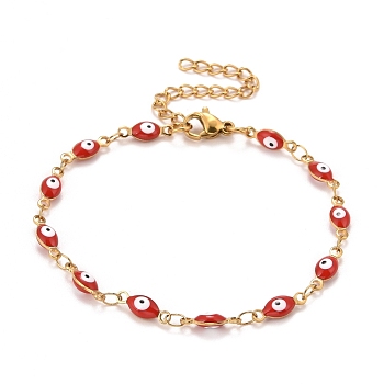 Enamel Horse Eye Link Chains Bracelet, Vacuum Plating 304 Stainless Steel Jewelry for Women, Golden, Red, 6-3/4 inch(17.1cm)