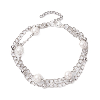 8mm Round Shell Pearl Bead Multi-Strand Bracelets, Iron Twisted Chain Bracelets for Women Men, Platinum, 8-3/4 inch(22.1cm)