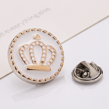 Plastic Brooch, Alloy Pin, with Enamel, for Garment Accessories, Round with Crown, Snow, 18mm