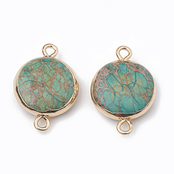 Electroplate Natural Regalite/Imperial Jasper/Sea Sediment Jasper Links connectors, with Alloy Findings, Flat Round, Sky Blue, 24~25x16~18x5.5~6.5mm, Hole: 2mm