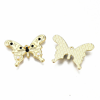 Rack Plating Alloy Pendants, with Rhinestone and ABS Plastic Imitation Pearl, Cadmium Free & Lead Free, Light Gold, Butterfly, Jet, 20x27x3mm, Hole: 1mm
