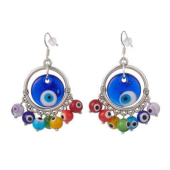 Handmade Evil Eye Lampwork Dangle  Earrings, with 304 Stainless Steel French Earring Hooks, Silver Plated Color, Colorful, 61mm, Pendant: 45x39x15mm, Pin: 0.7mm