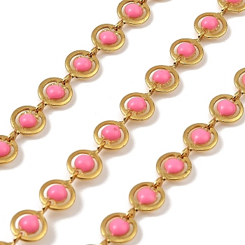 Brass Dapped Chains, with Enamel, Real 18K Gold Plated, Unwelded, with Spool, Flat Oval, Pink, 9x6x1.5mm, about 32.81 Feet(10m)/Roll