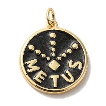 Brass Enamel Pendants, with Jump Ring, Real 18K Gold Plated, Cadmium Free & Lead Free, Flat Round with Word Metus Charm, Black, 20.5x18x2.5mm, Hole: 3mm