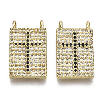 Brass Micro Pave Cubic Zirconia Pendants, Nickel Free, Rectangle with Cross, Real 16K Gold Plated, Black, 19x11x2mm, Hole: 1mm