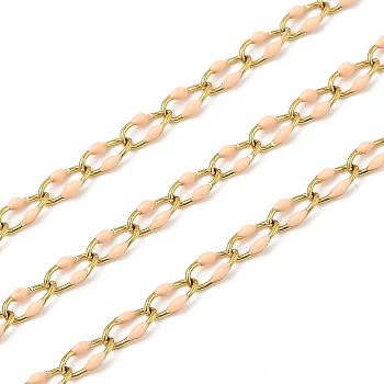 Ion Plating(IP) 304 Stainless Steel Link Chains, with Enamel, with Spool, Polished, Soldered, Real 18K Gold Plated, PeachPuff, 6.8x3.3x1.3mm, about 32.81 Feet(10m)/Roll