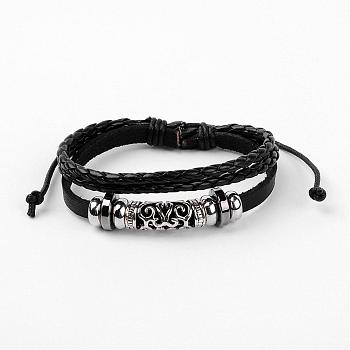 Adjustable Multi-strand Leather Cord Bracelets, with Alloy Findings & Hollow Tube Beads, Platinum, Black, 60mm(2-3/8 inch)