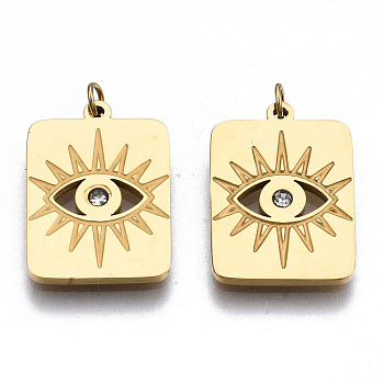 304 Stainless Steel Pendants, with Jump Rings and Rhinestone, Rectangle with Eye, Real 14K Gold Plated, 15.5x11x1mm, Jump Ring: 2.7x0.4mm, 1.9mm inner diameter