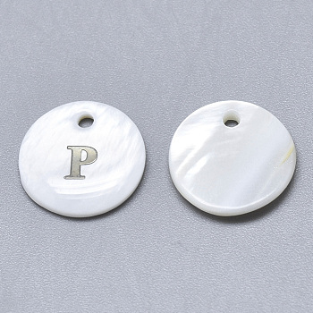 Natural White Shell Mother of Pearl Shell Charms, with Iron Sticker, Flat Round with Letter, Letter.P, 13x2mm, Hole: 1.5mm