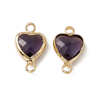 Transparent K9 Glass Connector Charms, Heart Links, with Light Gold Tone Brass Findings, Tanzanite, 14x8.5x3.7mm, Hole: 1.8mm