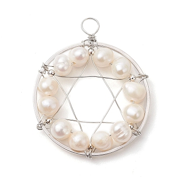 Natural Cultured Freshwater Pearl Round Beaded Ring Pendants, Copper Wire Wrapped Star of David Charms, Platinum, 37x29.5x6.5mm, Hole: 4mm