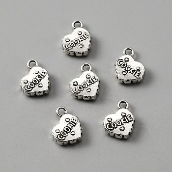 Tibetan Style Alloy Pendants, Heart Charms, with Word COOKIE, Antique Silver, 13x14x4mm, Hole: 2.5mm