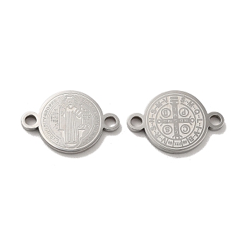 Religion 304 Stainless Steel Connector Charms, Flat Round with Saint Benedict Cross, Stainless Steel Color, 17.5x12x1mm, Hole: 1.8mm