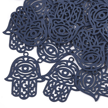 430 Stainless Steel Filigree Pendants, Spray Painted, Etched Metal Embellishments, Hamsa Hand/Hand of Fatima/Hand of Miriam with Eye, Marine Blue, 23x18x0.3mm, Hole: 1.4mm