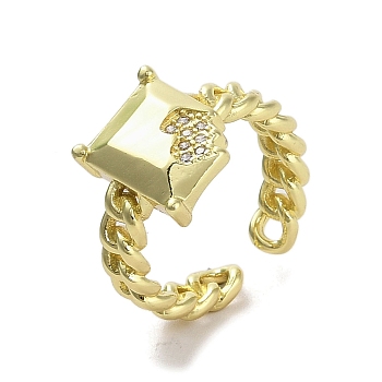 Brass Pave Cubic Zirconia Open Cuff Rings, Rectangle, Real 18K Gold Plated, US Size 6 3/4(17.1mm)