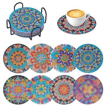 Custom DIY Diamond Painting Mandala Flower Cup Mat Kits, including Flat Round Acrylic Coaster, Cork Pad, Acrylic Rhinestones, Diamond Sticky Pen, Tray Plate, Mixed Color, 100x2mm