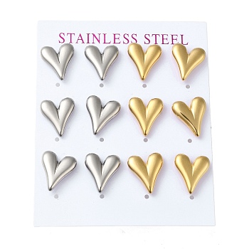 PVD Vacuum Plating 304 Stainless Steel Stud Earring, Heart, Golden & Stainless Steel Color, 14x12mm, 12pcs/set