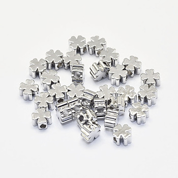 Long-Lasting Plated Brass Beads, Nickel Free, Four Leaf Clover, Real Platinum Plated, 5x5x2.5mm, Hole: 1.5mm