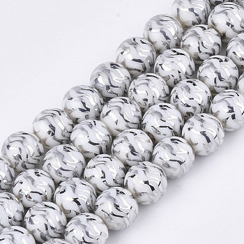 Electroplate Glass Beads Strands, Round, Silver, 10x9.5mm, Hole: 1.2mm, about 30pcs/strand, 11.2 inch