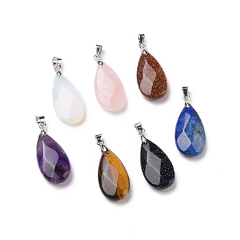 Natural & Synthetic Mixed Gemstone Pendants, with Brass Platinum Tone Findings, Faceted, Teardrop Charm, 29~30.5x13x6~7mm, Hole: 4x3.5mm