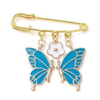Butterfly & Flower Charm Alloy Enamel Brooches for Women, Iron Safety Pin Brooch, Kilt Pins, Deep Sky Blue, 50mm
