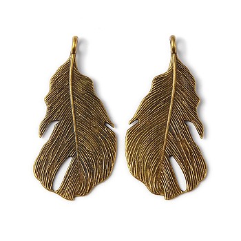 Tibetan Style Alloy Pendants, Feather, Antique Bronze, Lead Free and Cadmium Free, 49x24x2mm, Hole: 3.5mm