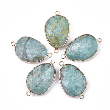 Natural Amazonite Links connectors, with Brass Findings, Faceted, Oval, Golden, 37.5~38.5x22~22.5x6.5~8mm, Hole: 2.5mm