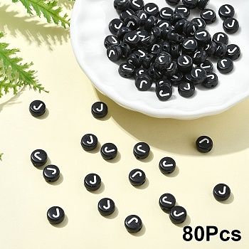 Opaque Acrylic Horizontal Hole Beads, with Enamel, Flat Round, Letter J, 7x4mm, Hole: 1.5mm