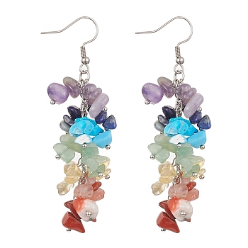 Natural & Synthetic Mixed Gemstone Chips Beaded Candy Cane Dangle Earrings, 304 Stainless Steel Wire Wrap Earringss, 76~76.5mm