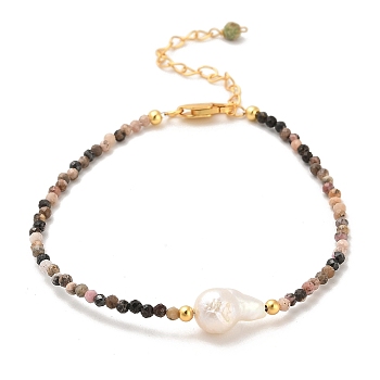 Natural Rhodonite and Natural Turquoise Bead Bracelets, with Sterling Silver Beads and Pearl Beads, Real 18K Gold Plated, 16.8~17cm