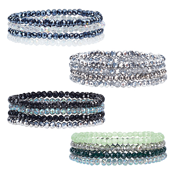 4 Sets 4 Color Sparkling Glass Beaded Stretch Bracelets Set, Stackable Bracelets, Mixed Color, Inner Diameter: 2-1/4 inch(5.6cm), 4Pcs/set, 1 Set/color