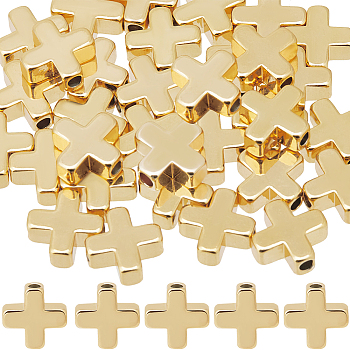 40Pcs Brass Beads, Cross, Real 18K Gold Plated, 8x8x3mm, Hole: 1.5mm