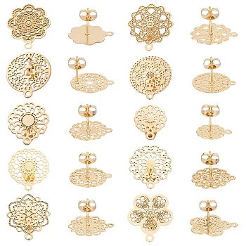 20Pcs 10 Style 304 Stainless Steel Stud Earrings Finding, with Horizontal Loops, Hollow Out Flower, Golden, 13~18x10.5~15.5mm, Hole: 1.2mm, Pin: 0.85mm, 2Pcs/style