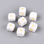 Handmade Bumpy Lampwork Beads, Cube with Flower Pattern, White, 12~13x14~16x14~16mm, Hole: 1~1.6mm(LAMP-Q039-14A)