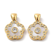 Natural Shell Pendants, with Ion Plating(IP) 304 Stainless Steel Rhinestone Findings, Real 14K Gold Plated, Flower, 17.5x12.5x3mm, Hole: 4x3mm(STAS-P343-04A-G)