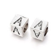 Antique Silver Plated Initial Letter Alloy European Beads, Horizontal Hole, Large Hole Cube Beads, Cadmium Free & Lead Free, Letter.A, 7x7x7mm, Hole: 5mm(X-TIBEB-Q054-32AS-NR)