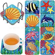 DIY Marine Animal Theme Diamond Painting Square Wood Cup Mat Kits, Coster Holder, Resin Rhinestones, Diamond Sticky Pen, Tray Plate and Glue Clay, Mixed Color, Packaging: 130x126x80mm(DIY-H163-04)