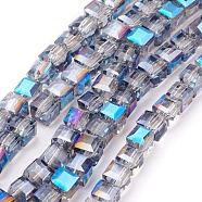 1 Strand Electroplate Glass Beads Strands, Half Plated, Faceted, Cube, Sky Blue, 4x4x4mm, Hole: 1mm, about 100pcs/strand, 16.9 inch(X-EGLA-D018-4x4mm-16)