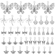Insect Theme Tibetan Style Alloy Pendant Decoration, with Lobster Claw Clasps, Dragonfly/Bee/ButterflyLadybug, Antique Silver & Platinum, 25~52mm, 10 style, 4pcs/style, 40pcs/set(HJEW-AB00455)