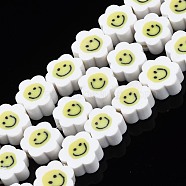 Handmade Polymer Clay Bead Strands, Flower with Smile, White, 8~10x8~10x4~5mm, Hole: 1.2~1.6mm, about 38~40pcs/strand, 12.99 inch~15.94 inch(33~40.5cm)(CLAY-N006-73J)