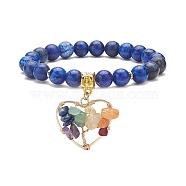 Natural Lapis Lazuli(Dyed) Stretch Bracelet, Yoga Chakra Mixed Gemstone Chips Heart with Tree Charms Bracelet for Women, Inner Diameter: 2-1/8 inch(5.4cm)(BJEW-JB08747-02)